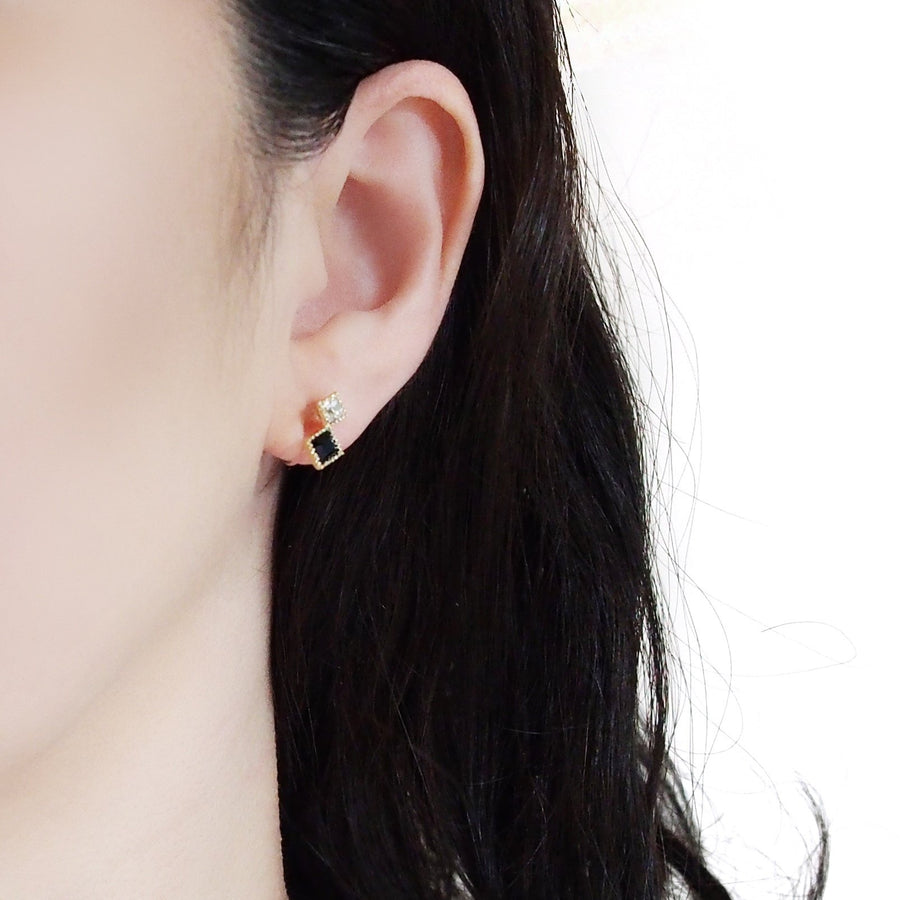Square Black & Clear Swarovski Crystal Invisible Clip On Stud Earrings - Miyabi Grace