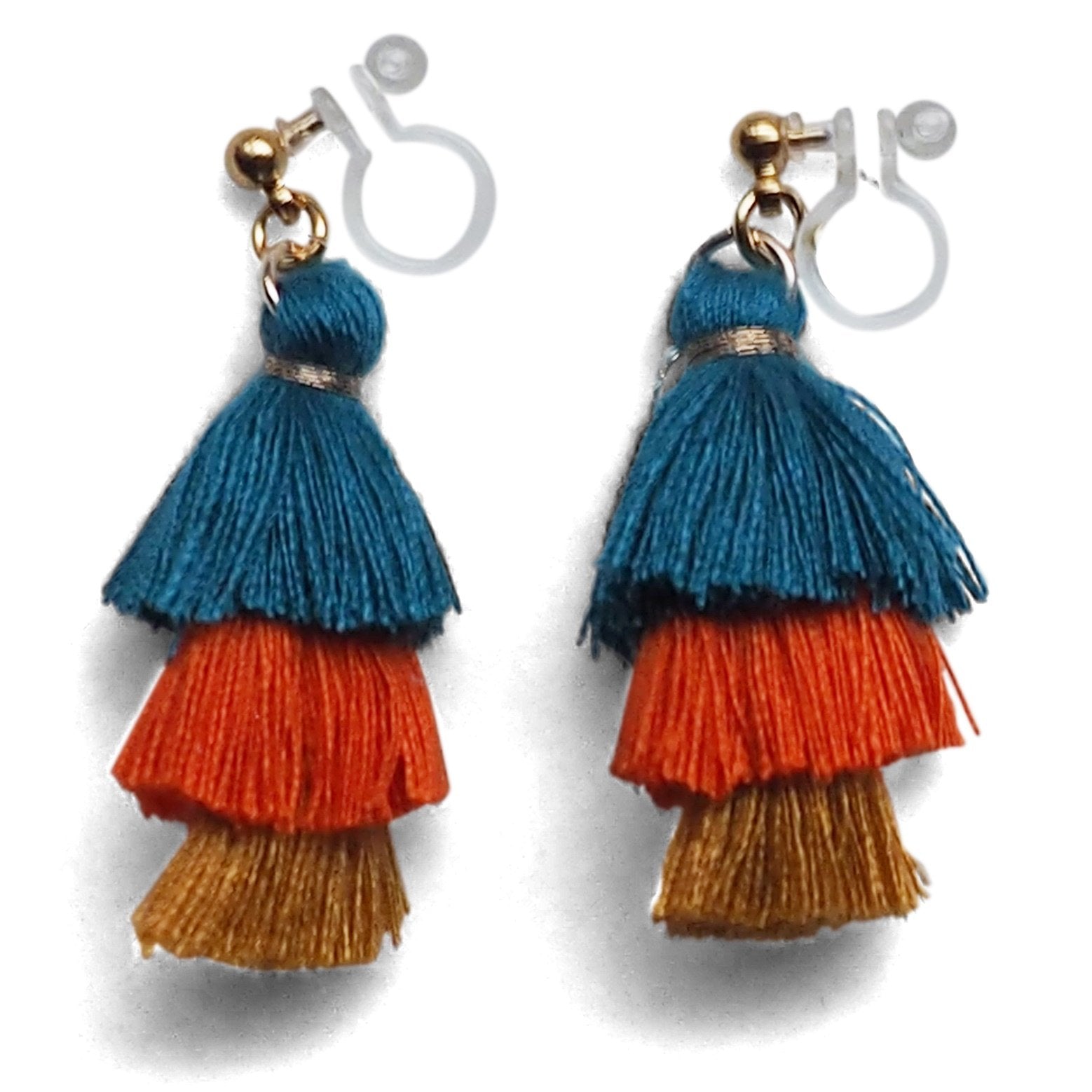 Three Layered Ombre Stacked Blue Orange Yellow Tiered Tassel Invisible Clip On Earrings - Miyabi Grace