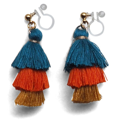 Three Layered Ombre Stacked Blue Orange Yellow Tiered Tassel Invisible Clip On Earrings - Miyabi Grace