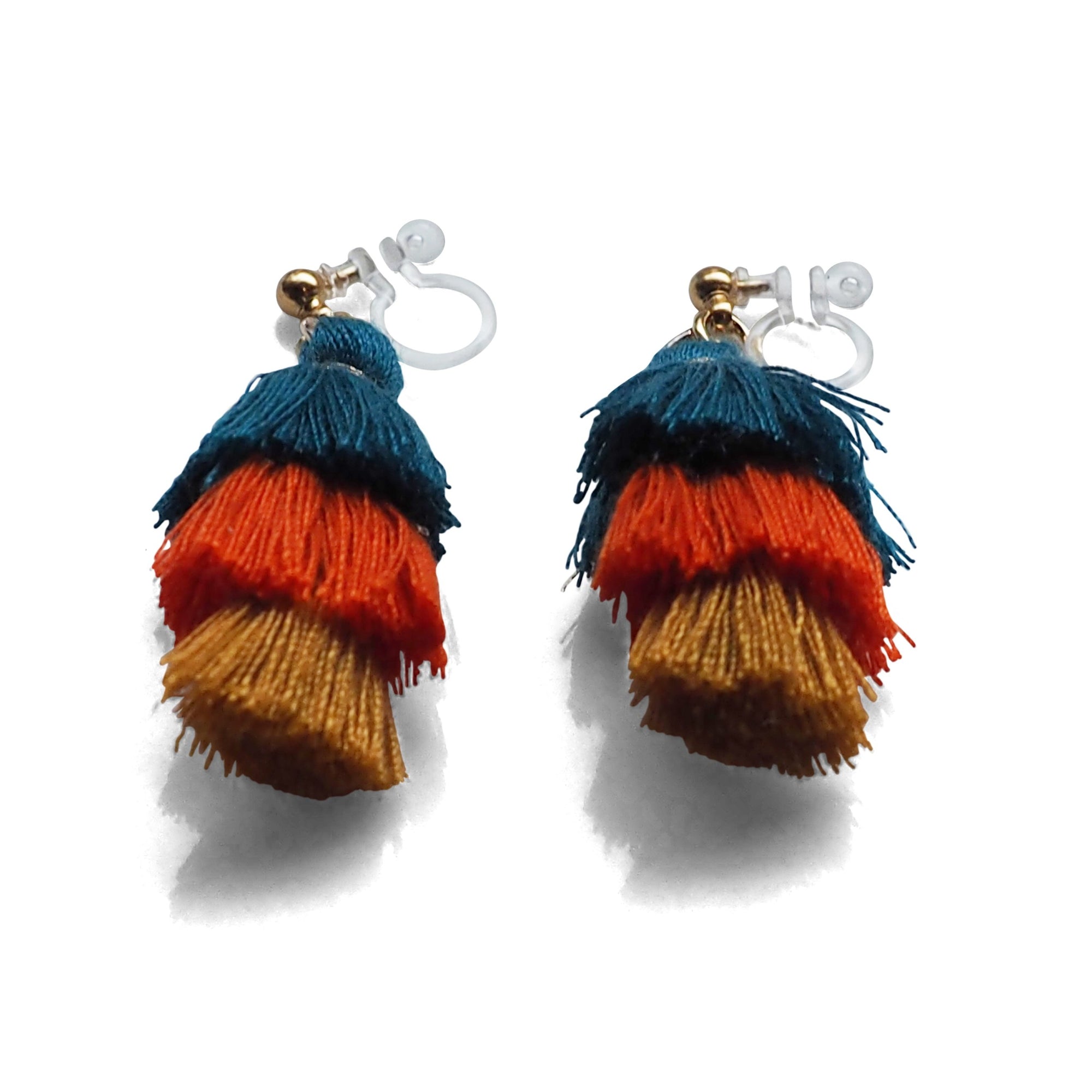 Three Layered Ombre Stacked Blue Orange Yellow Tiered Tassel Invisible Clip On Earrings - Miyabi Grace
