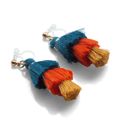 Three Layered Ombre Stacked Blue Orange Yellow Tiered Tassel Invisible Clip On Earrings - Miyabi Grace