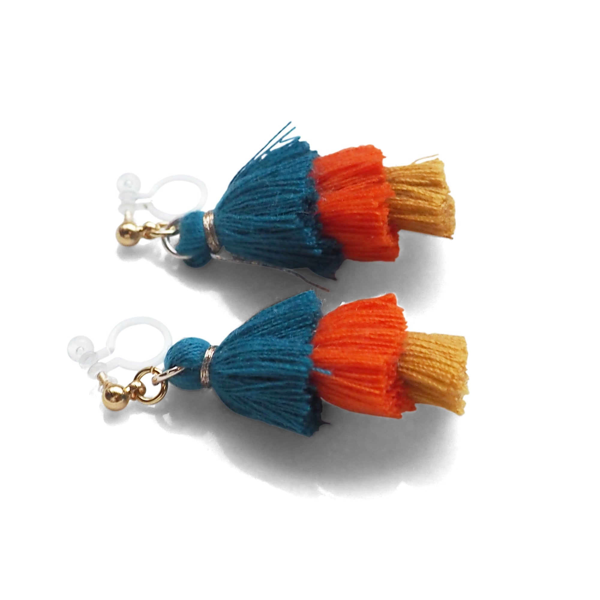 Three Layered Ombre Stacked Blue Orange Yellow Tiered Tassel Invisible Clip On Earrings - Miyabi Grace