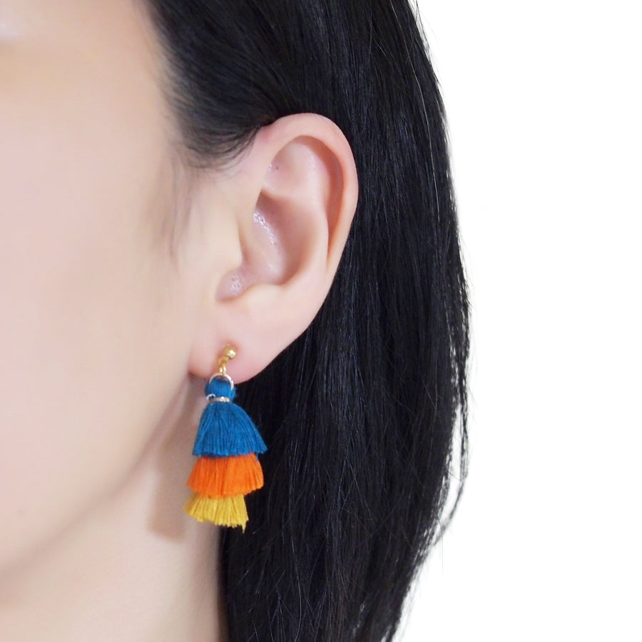 Three Layered Ombre Stacked Blue Orange Yellow Tiered Tassel Invisible Clip On Earrings - Miyabi Grace