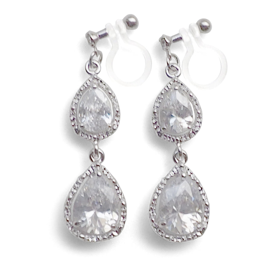 Bridal teardrop cubic zirconia invisible clip on earrings - miyabigracejewelry.com