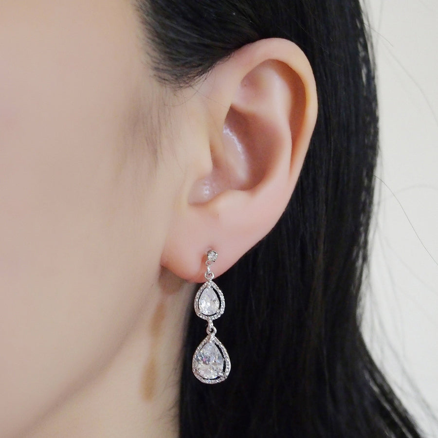 Bridal teardrop cubic zirconia invisible clip on earrings - miyabigracejewelry.com