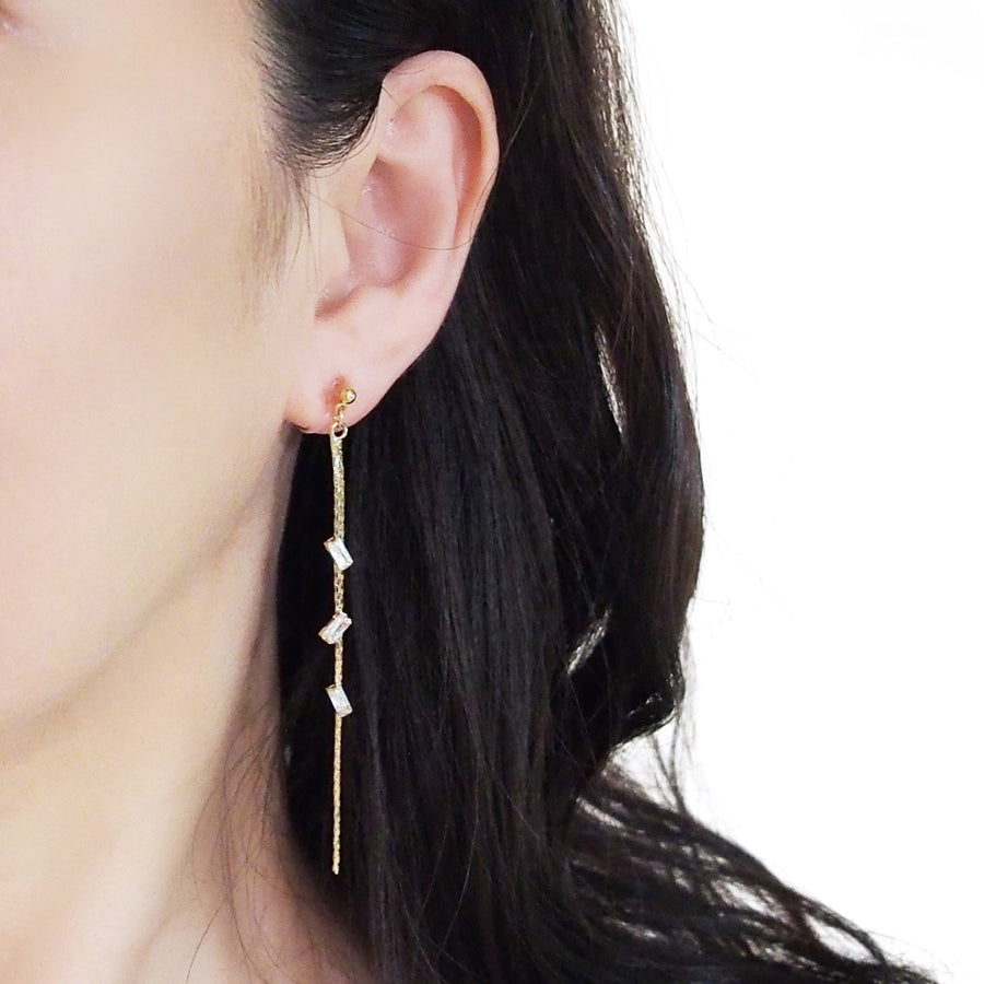 Gold chain rhinestone crystal dangle invisible clip on earrings - Miyabi Grace