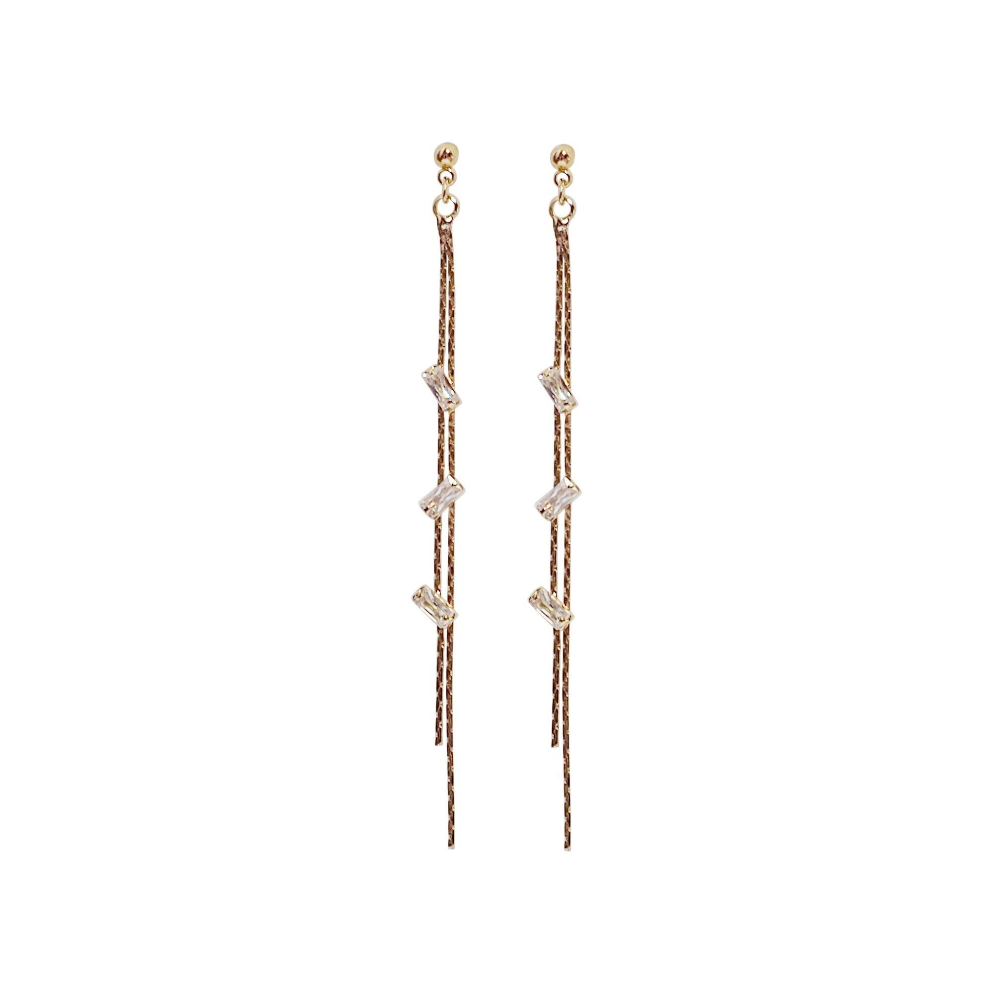 Gold chain rhinestone crystal dangle invisible clip on earrings - Miyabi Grace