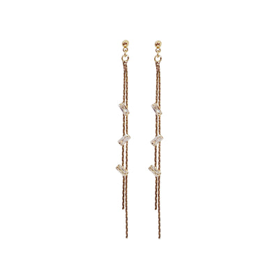 Gold chain rhinestone crystal dangle invisible clip on earrings - Miyabi Grace