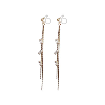 Gold chain rhinestone crystal dangle invisible clip on earrings - Miyabi Grace
