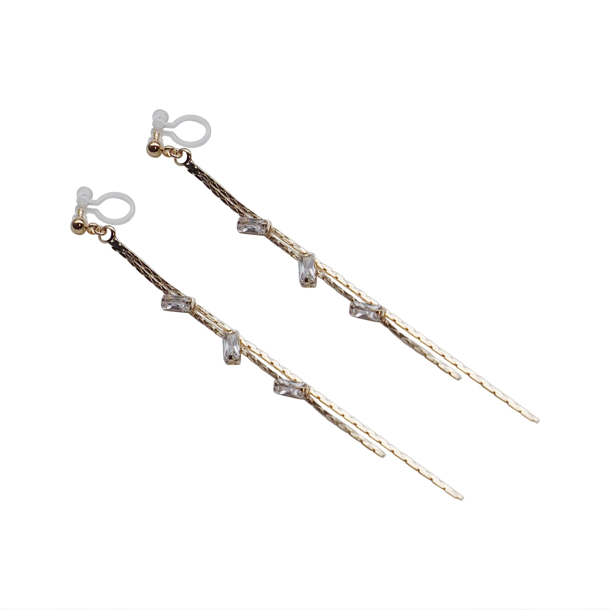 Gold chain rhinestone crystal dangle invisible clip on earrings - Miyabi Grace