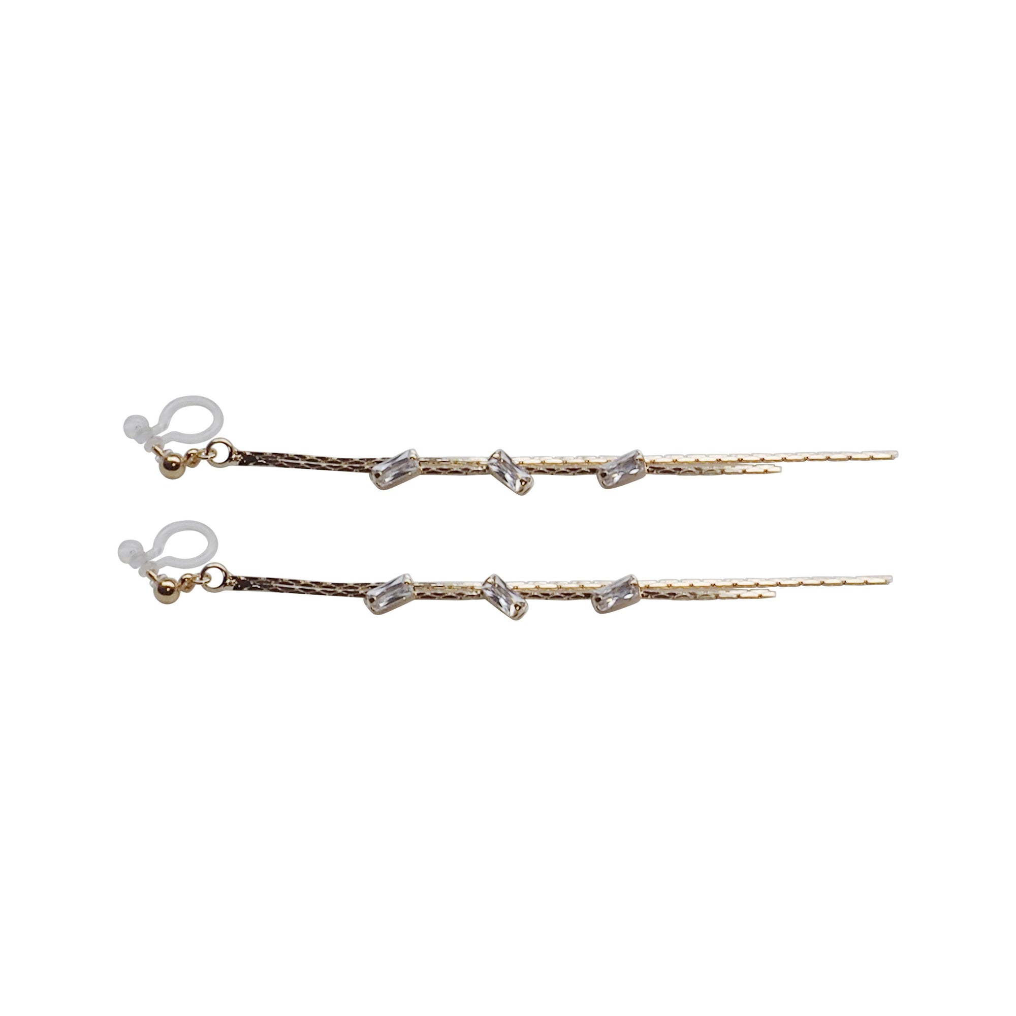 Gold chain rhinestone crystal dangle invisible clip on earrings - Miyabi Grace