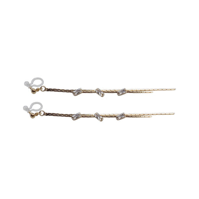 Gold chain rhinestone crystal dangle invisible clip on earrings - Miyabi Grace