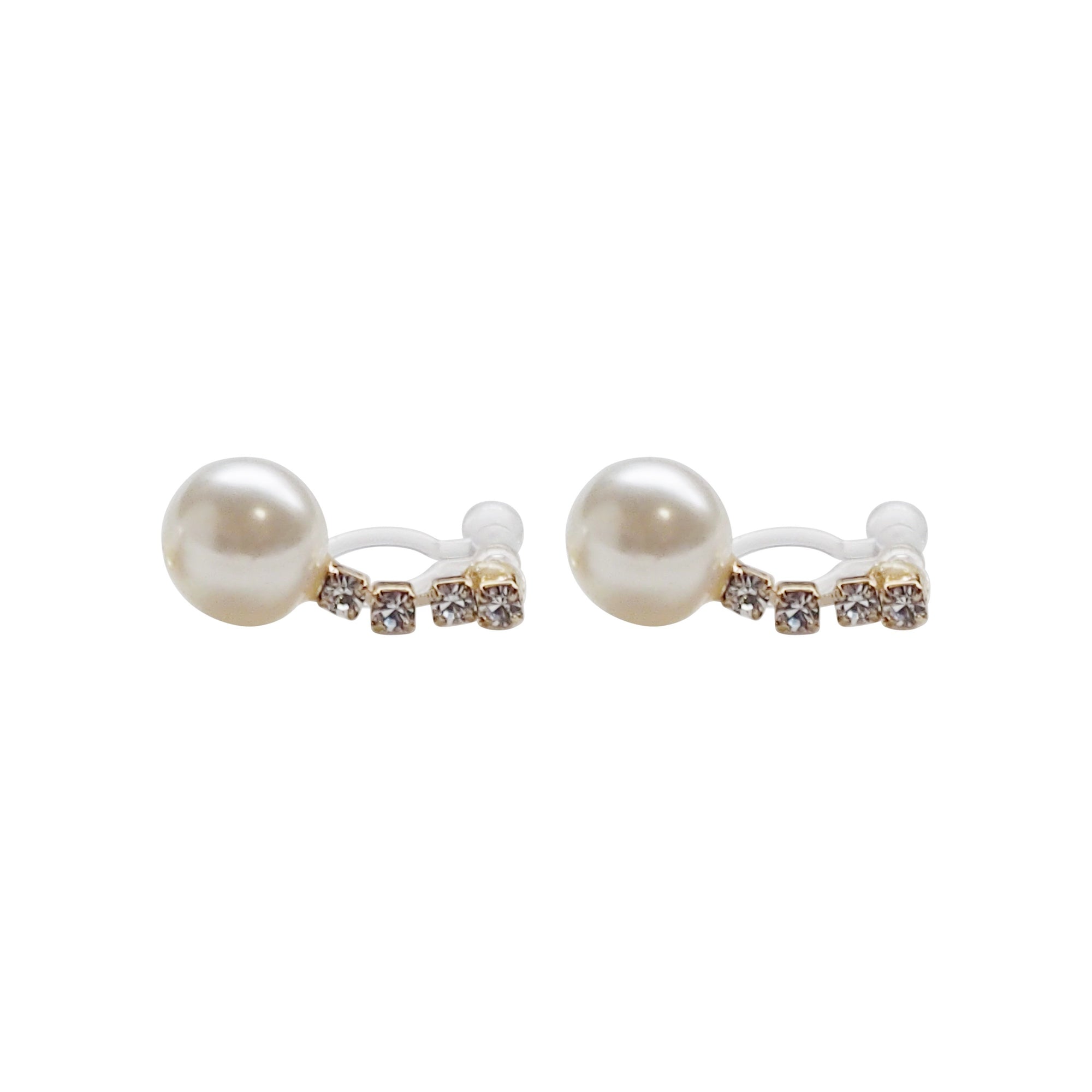 Dangle White Pearl & Crystal Invisible Clip On Earrings (Gold tone) - Miyabi Grace