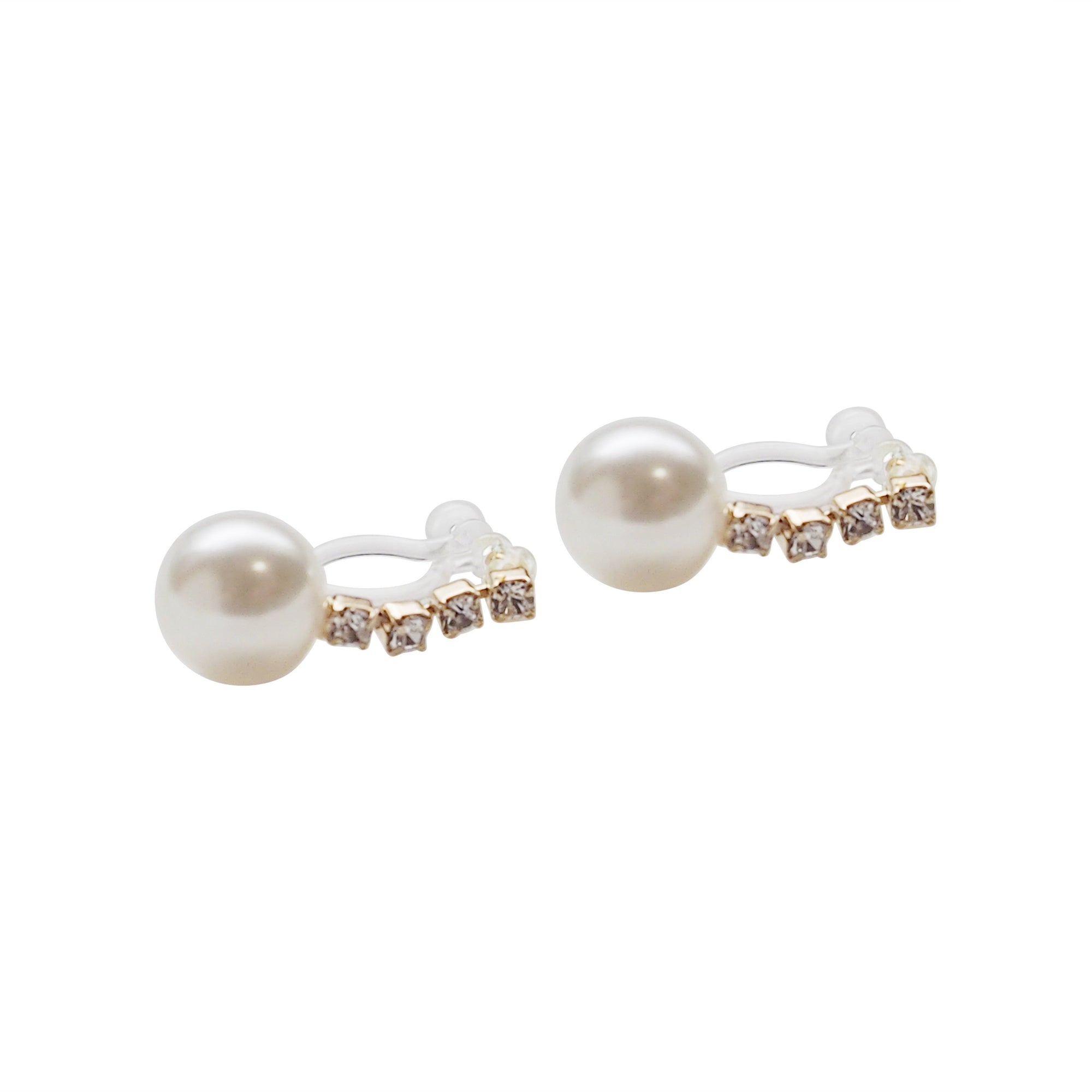 Dangle White Pearl & Crystal Invisible Clip On Earrings (Gold tone) - Miyabi Grace