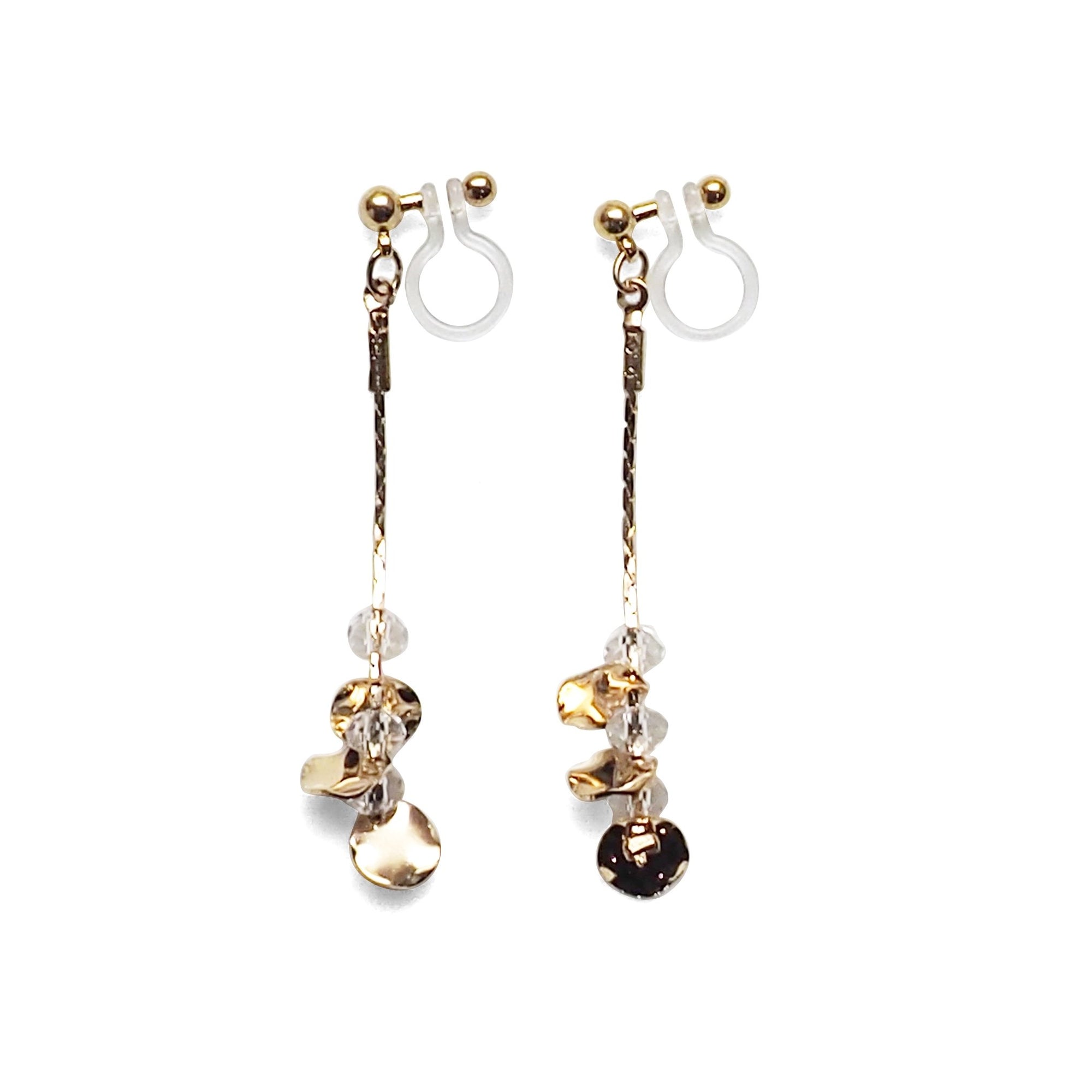 Dangle clear crystal & gold coin invisible clip on earrings - Miyabi Grace