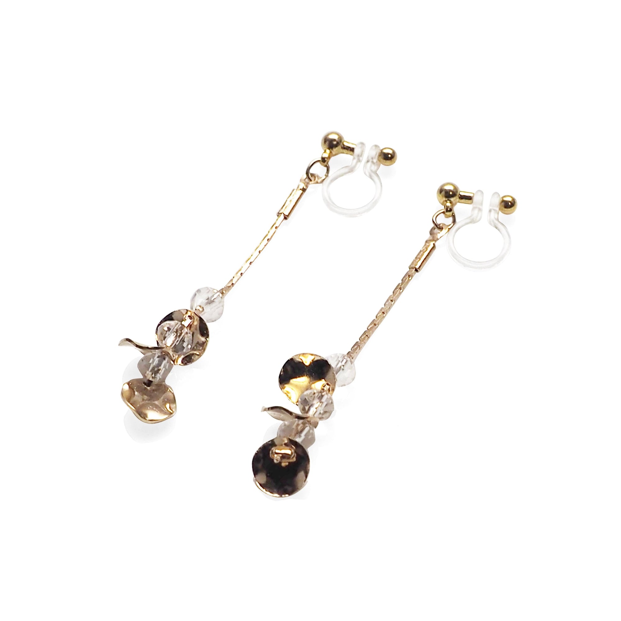 Dangle clear crystal & gold coin invisible clip on earrings - Miyabi Grace
