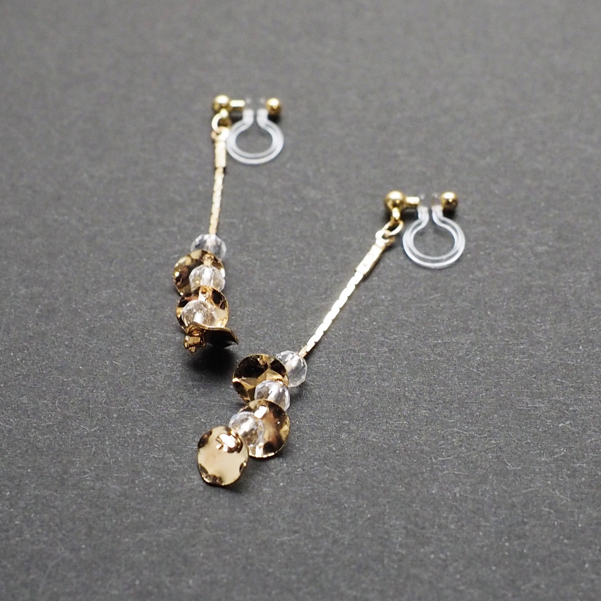 Dangle clear crystal & gold coin invisible clip on earrings - Miyabi Grace