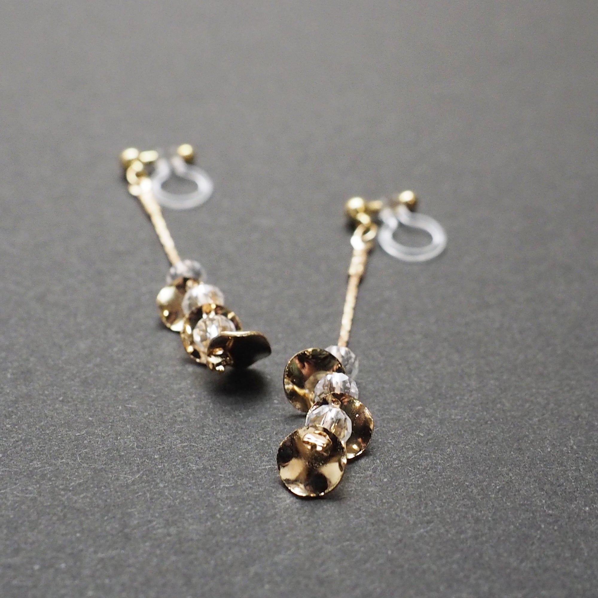 Dangle clear crystal & gold coin invisible clip on earrings - Miyabi Grace