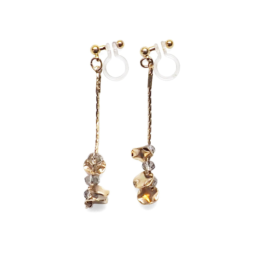 Dangle gray crystal & gold coin invisible clip on earrings - Miyabi Grace
