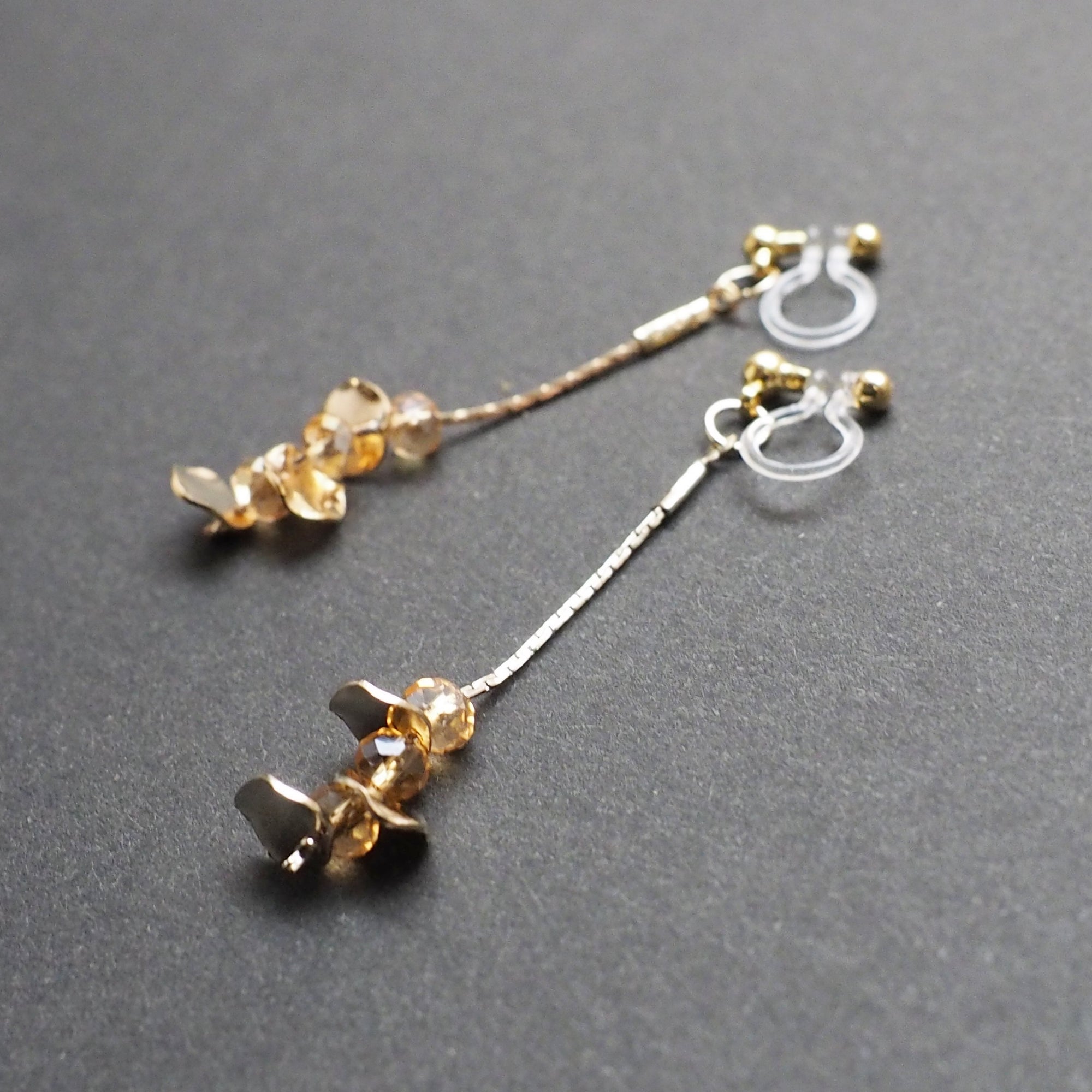 Dangle orange crystal & gold coin invisible clip on earrings - Miyabi Grace