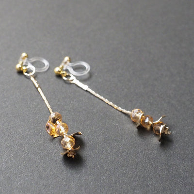 Dangle orange crystal & gold coin invisible clip on earrings - Miyabi Grace