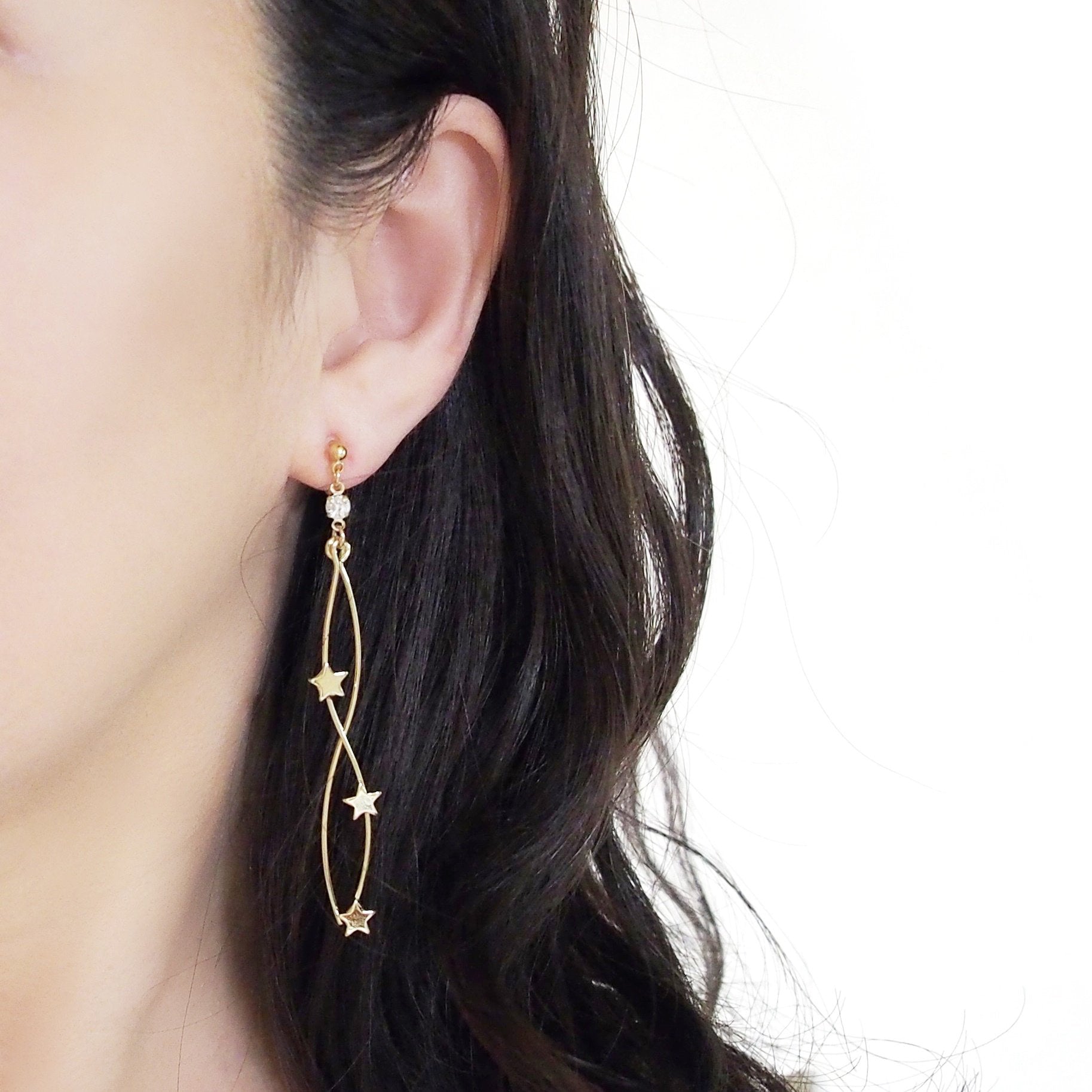 Gold star wave bar dangle invisible clip on earrings - Miyabi Grace
