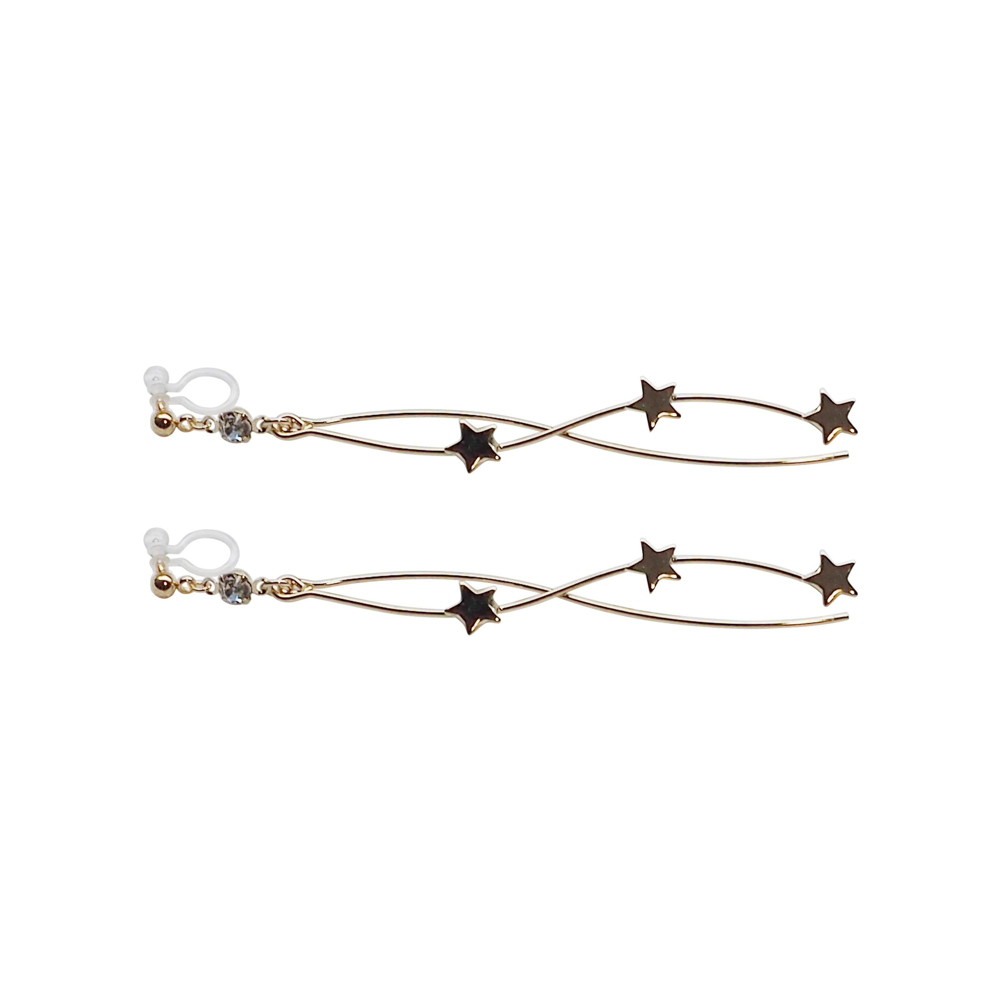Gold star wave bar dangle invisible clip on earrings - Miyabi Grace