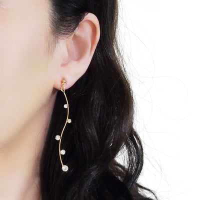 Gold waved bar rhinestone crystal dangle invisible clip on earrings - Miyabi Grace