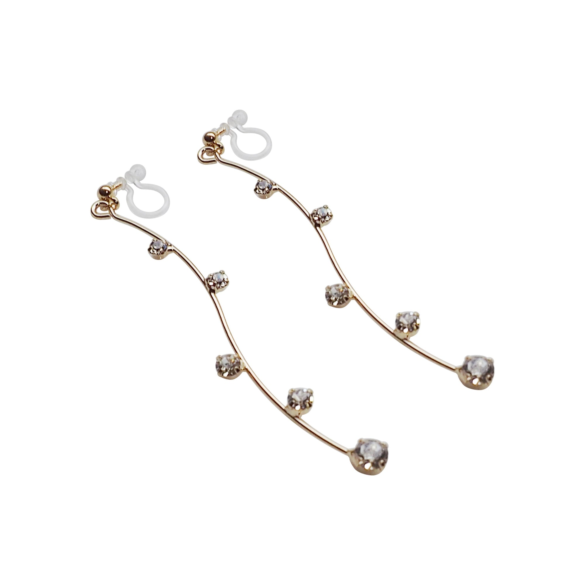 Gold waved bar rhinestone crystal dangle invisible clip on earrings - Miyabi Grace