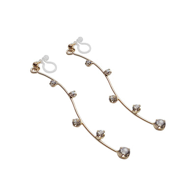Gold waved bar rhinestone crystal dangle invisible clip on earrings - Miyabi Grace