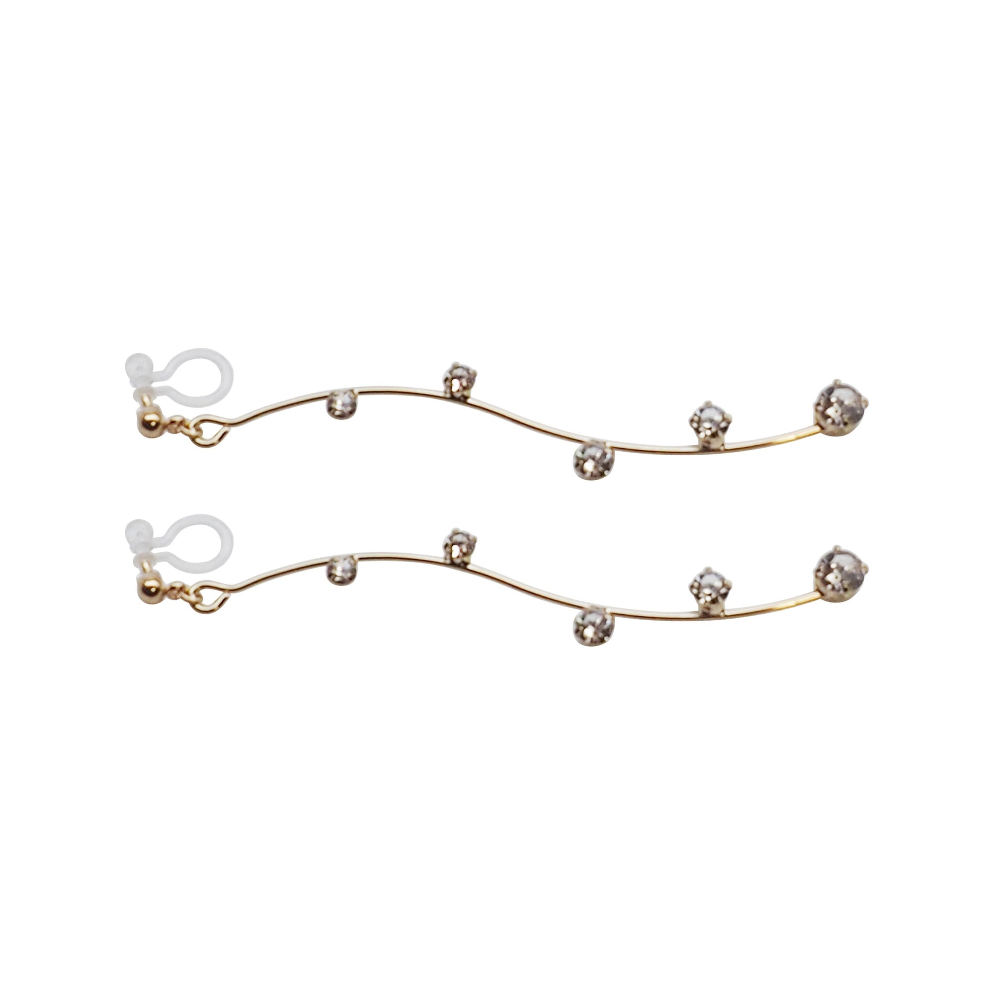 Gold waved bar rhinestone crystal dangle invisible clip on earrings - Miyabi Grace