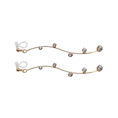Gold waved bar rhinestone crystal dangle invisible clip on earrings - Miyabi Grace