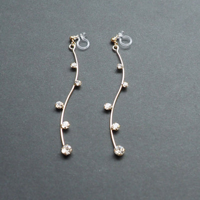 Gold waved bar rhinestone crystal dangle invisible clip on earrings - Miyabi Grace