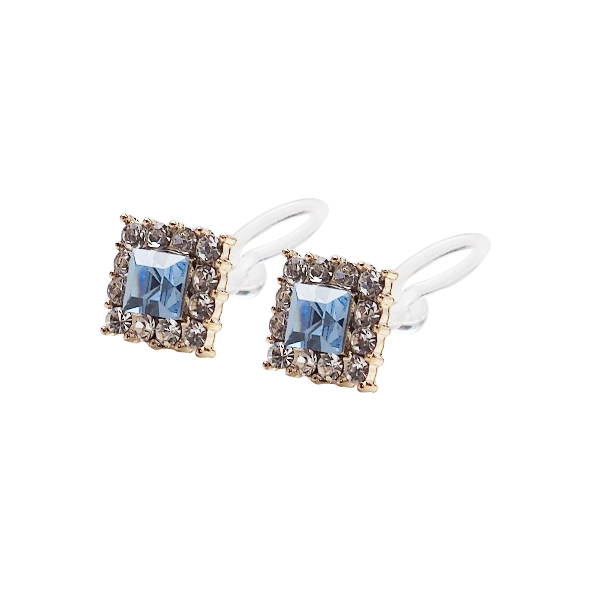 Light Blue Square Swarovski Invisible Clip On Earrings - Miyabi Grace