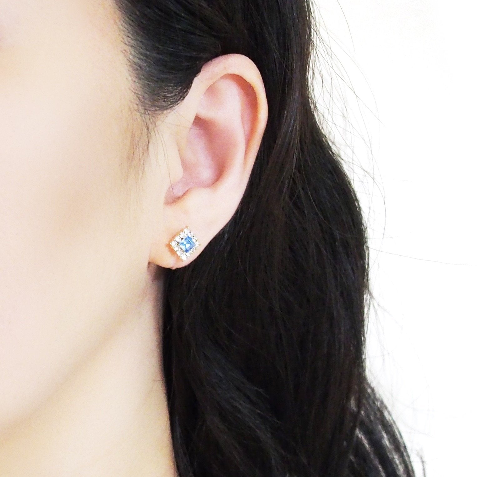 Light Blue Square Swarovski Invisible Clip On Earrings - Miyabi Grace