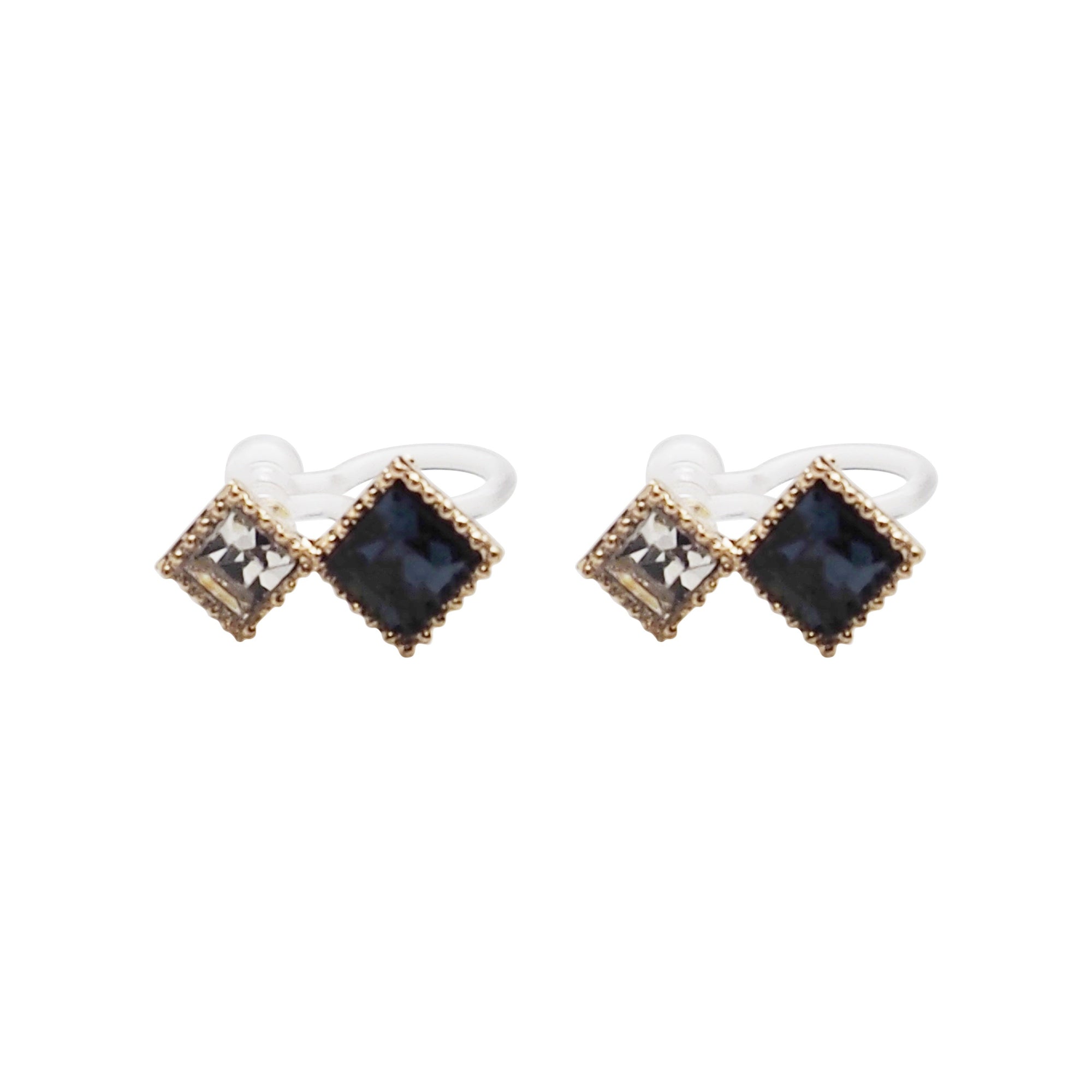 Square Navy Blue & Clear Swarovski Crystal Invisible Clip On Stud Earrings - Miyabi Grace