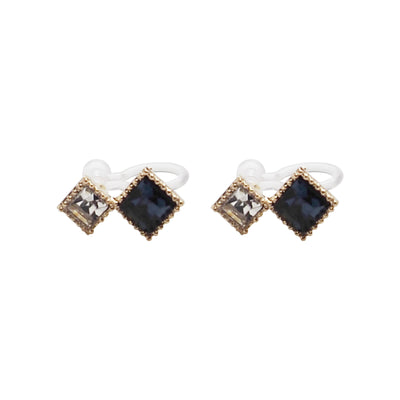 Square Navy Blue & Clear Swarovski Crystal Invisible Clip On Stud Earrings - Miyabi Grace