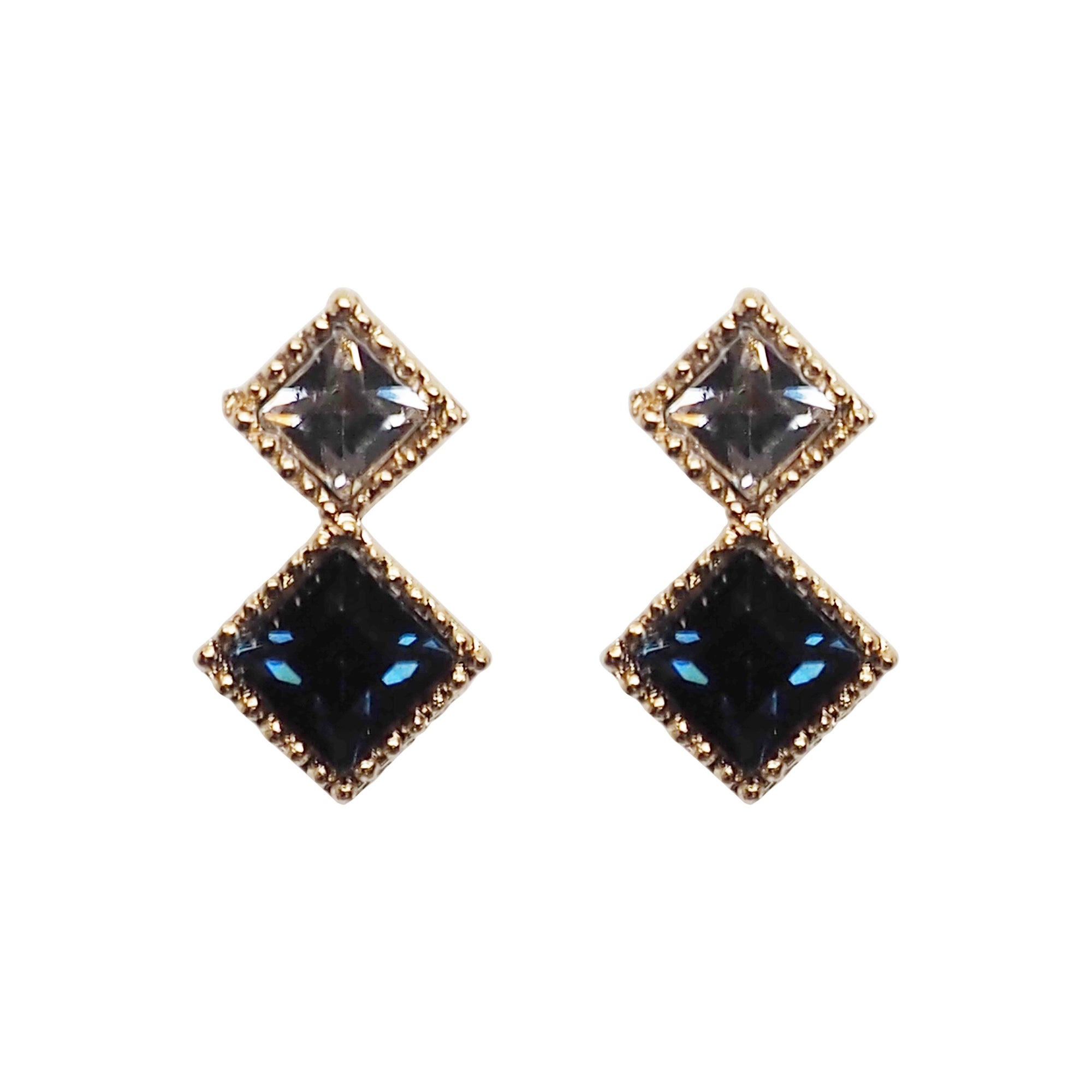 Square Navy Blue & Clear Swarovski Crystal Invisible Clip On Stud Earrings - Miyabi Grace