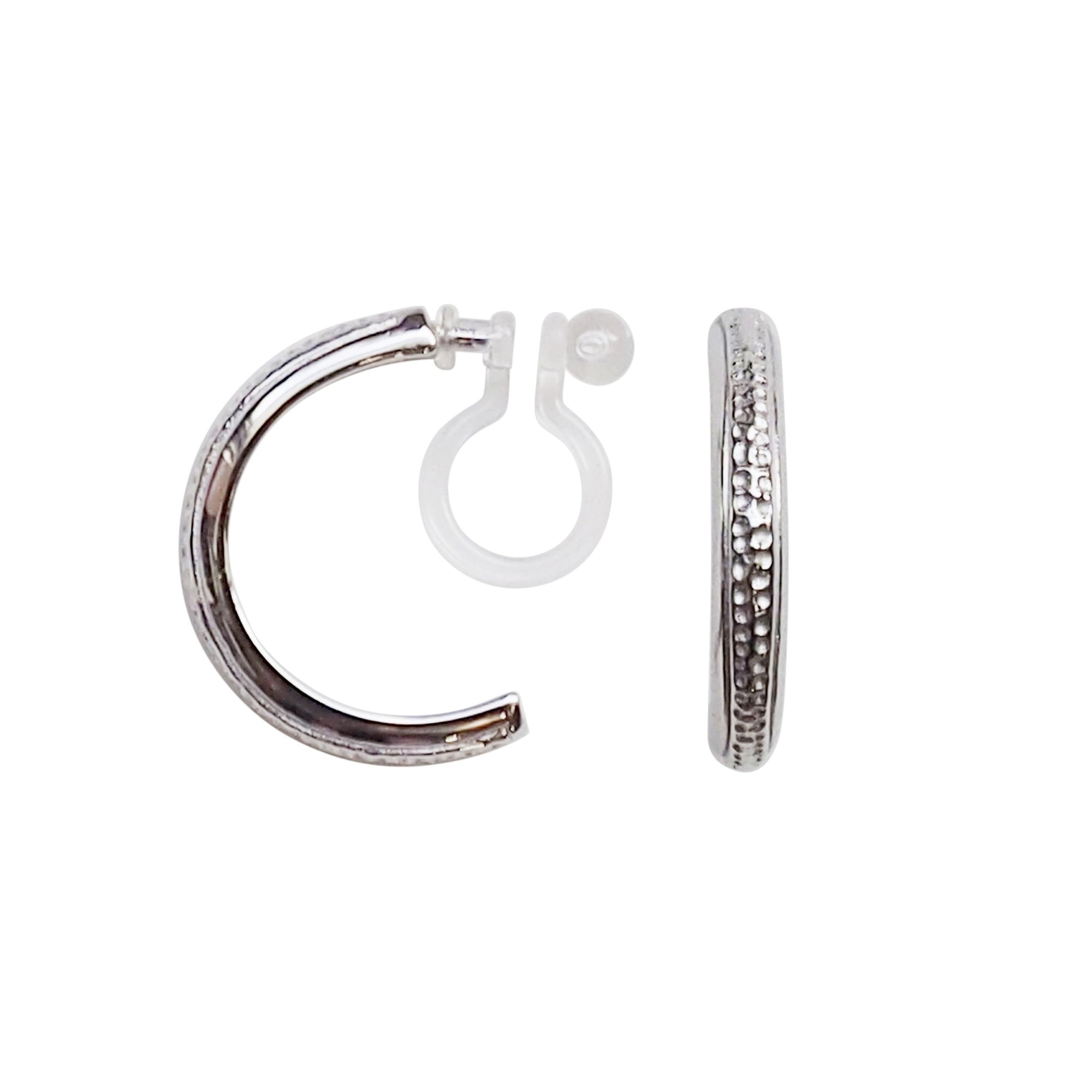 925 Sterling Silver Textured Invisible Clip On Hoop Earrings - Miyabi Grace
