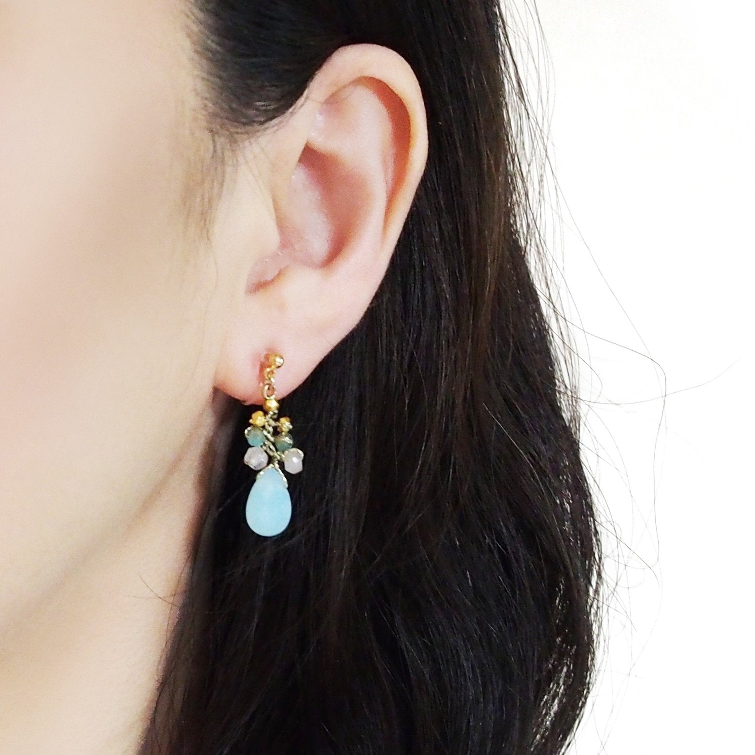 Aqua Blue Chalcedony Invisible Clip On Earrings - Miyabi Grace