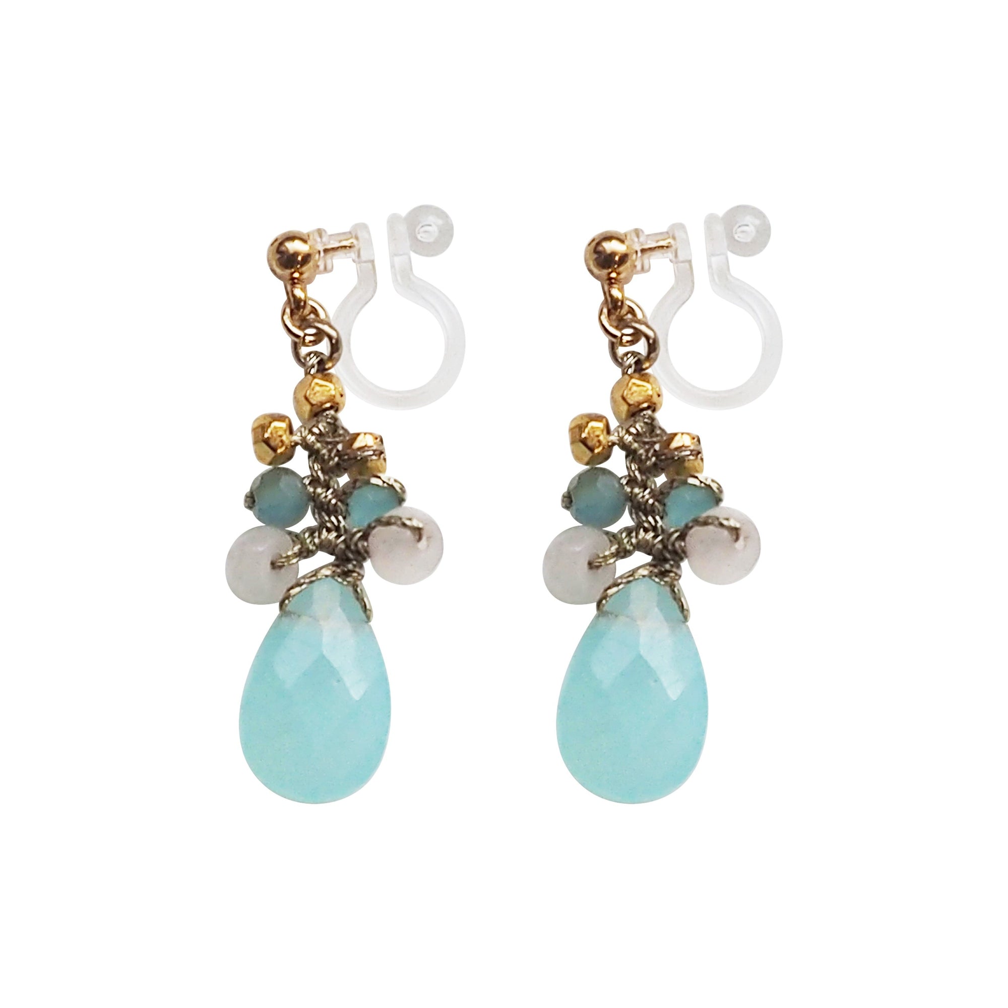 Aqua Blue Chalcedony Invisible Clip On Earrings - Miyabi Grace