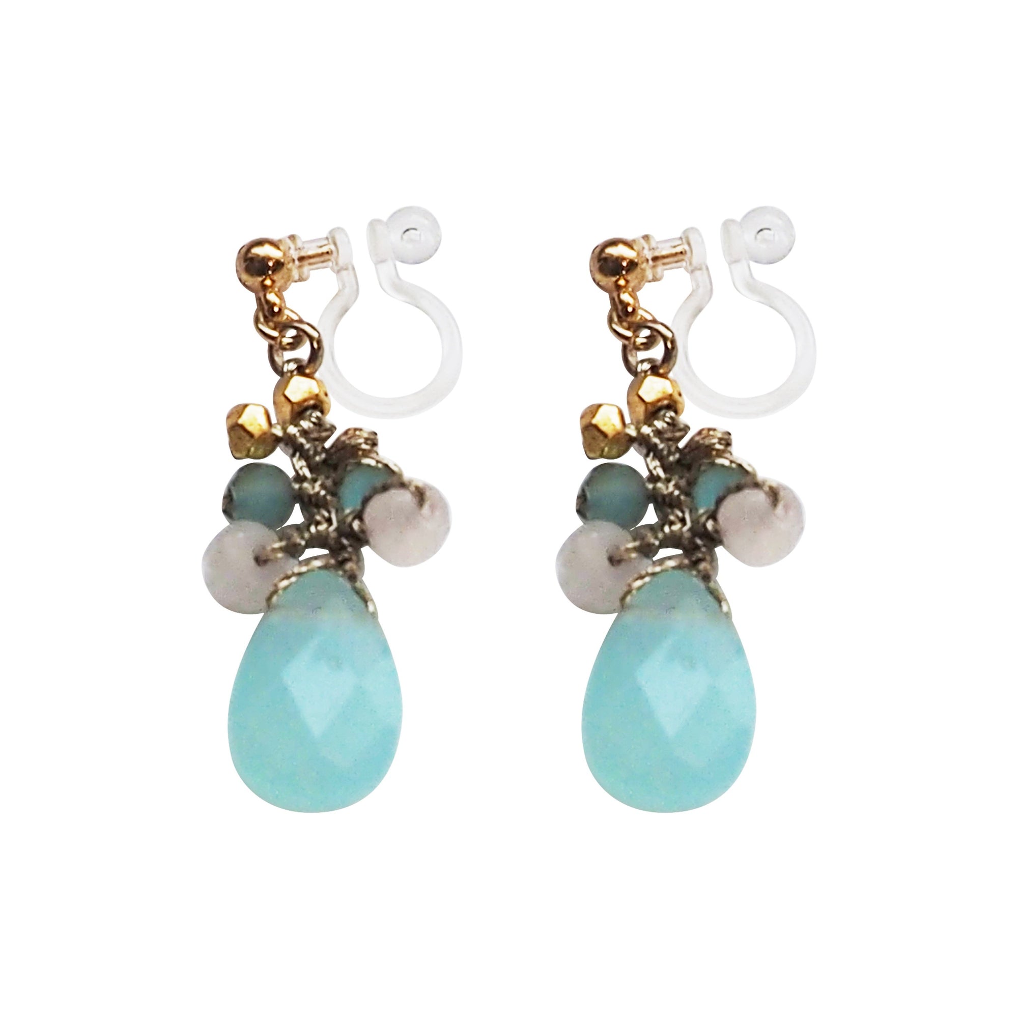 Aqua Blue Chalcedony Invisible Clip On Earrings - Miyabi Grace