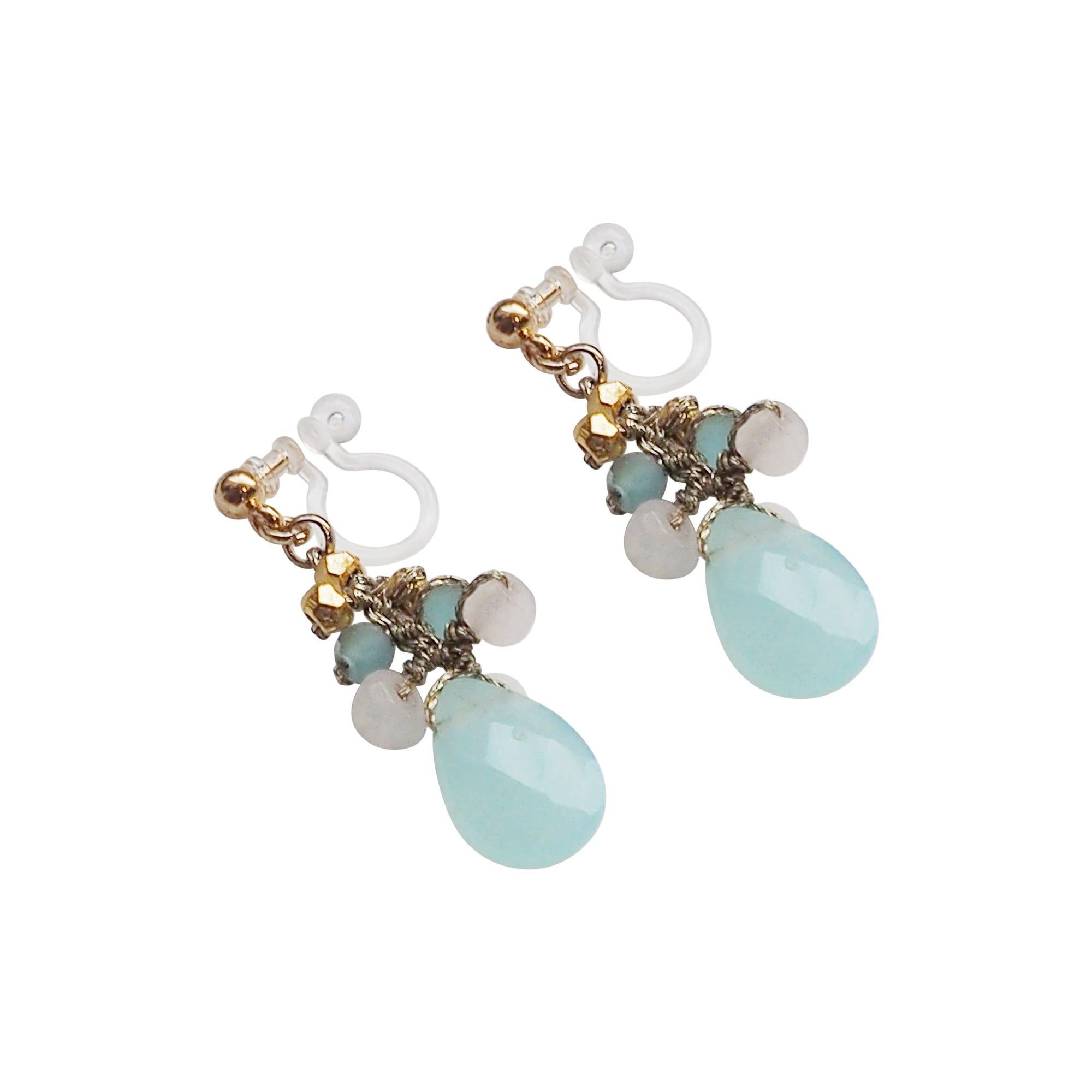 Aqua Blue Chalcedony Invisible Clip On Earrings - Miyabi Grace