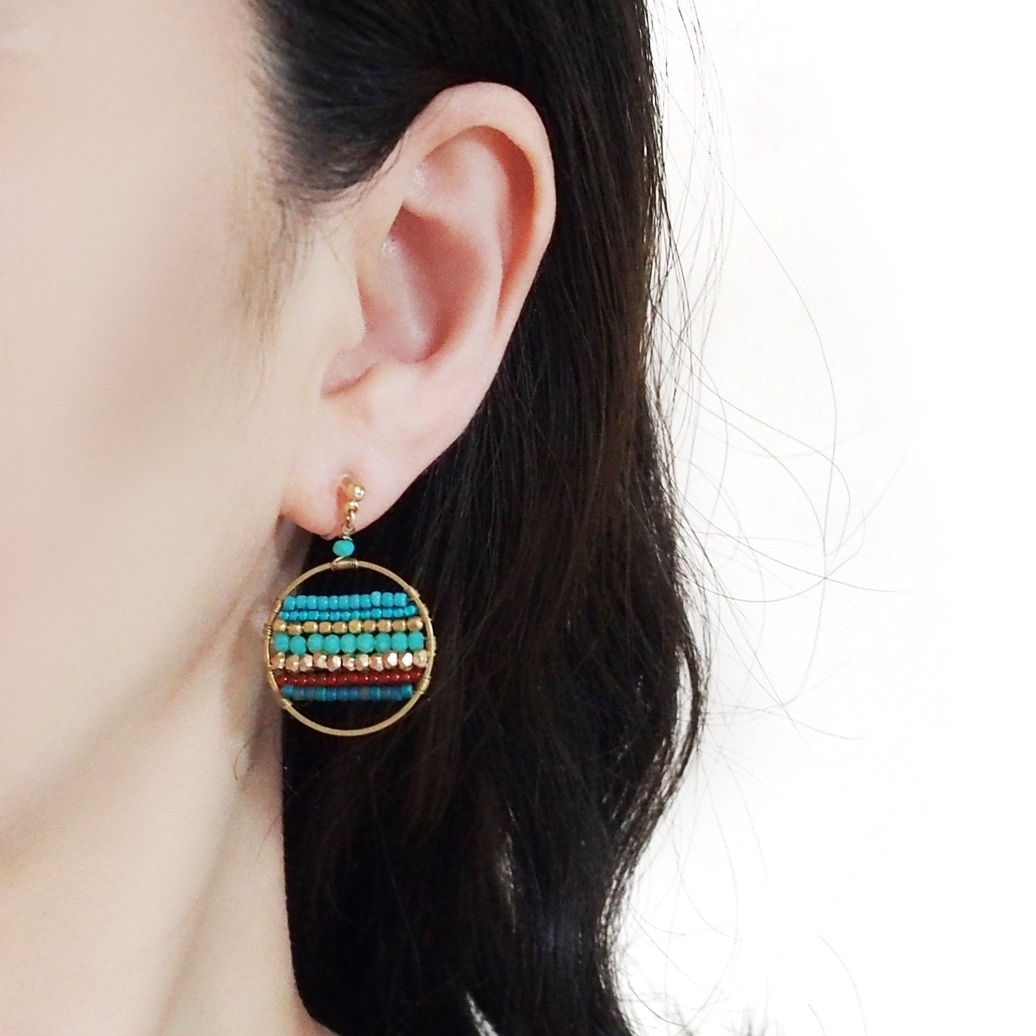 Blue Turquoise Beaded Hoop Dangle Invisible Clip On Earrings (Gold tone) - Miyabi Grace