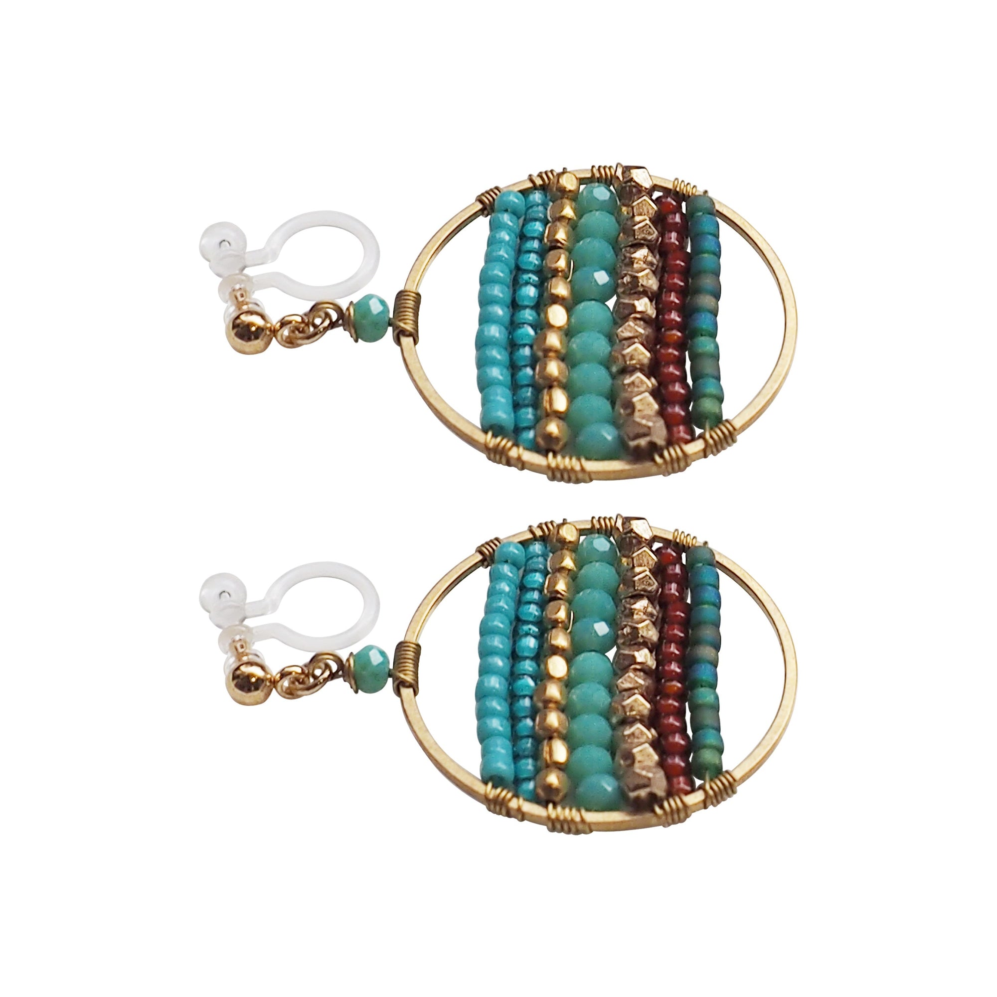 Blue Turquoise Beaded Hoop Dangle Invisible Clip On Earrings (Gold tone) - Miyabi Grace