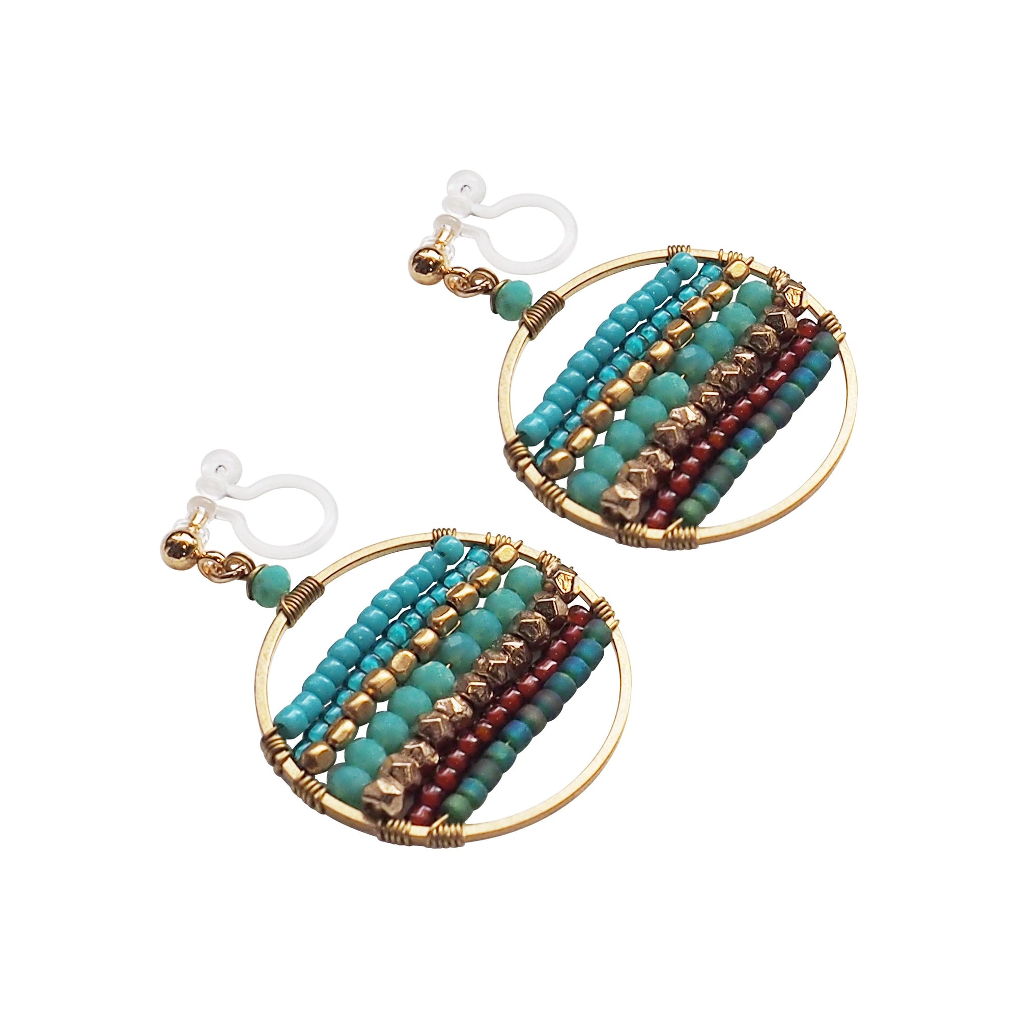Blue Turquoise Beaded Hoop Dangle Invisible Clip On Earrings (Gold tone) - Miyabi Grace