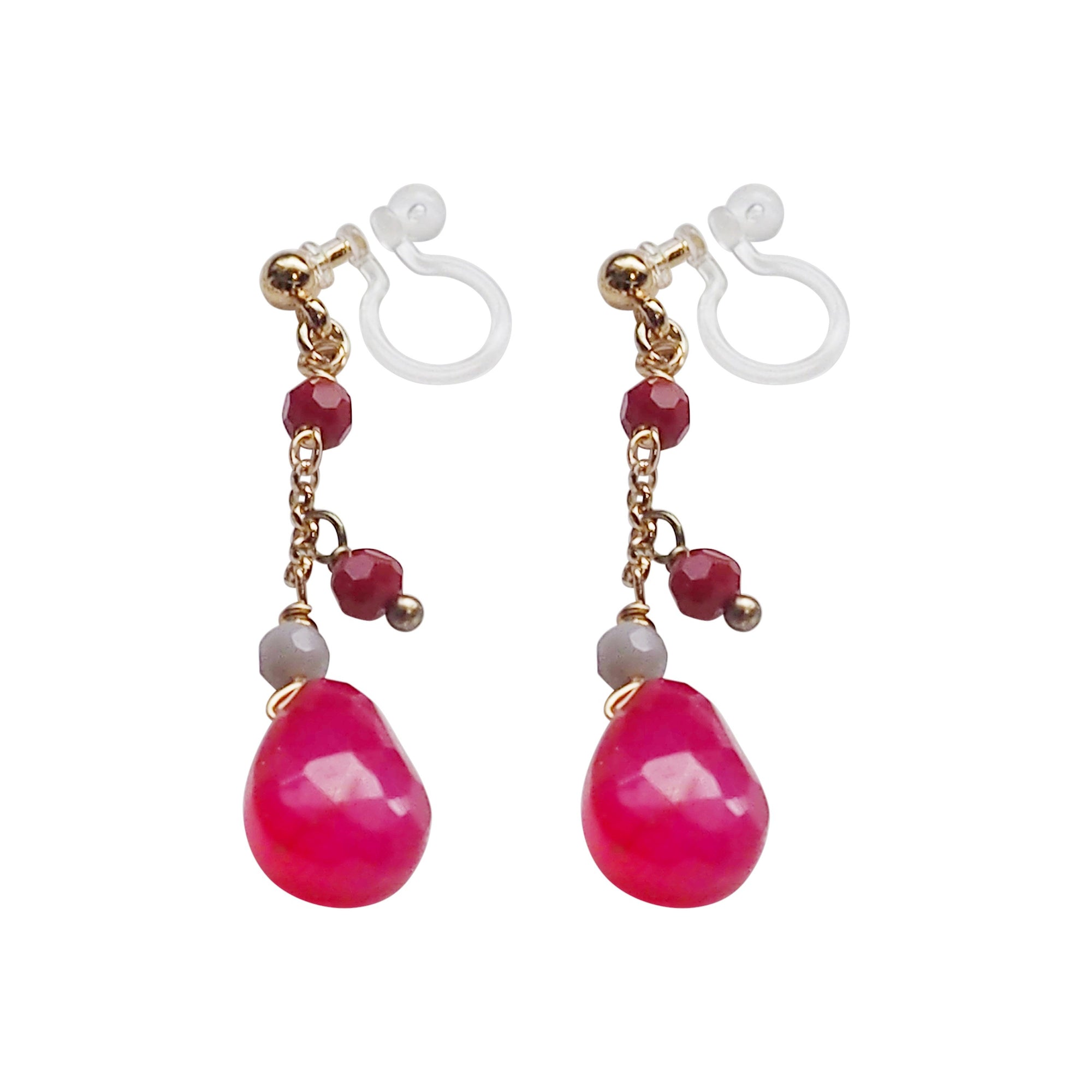 Hot Pink Chalcedony Invisible Clip On Earrings - Miyabi Grace