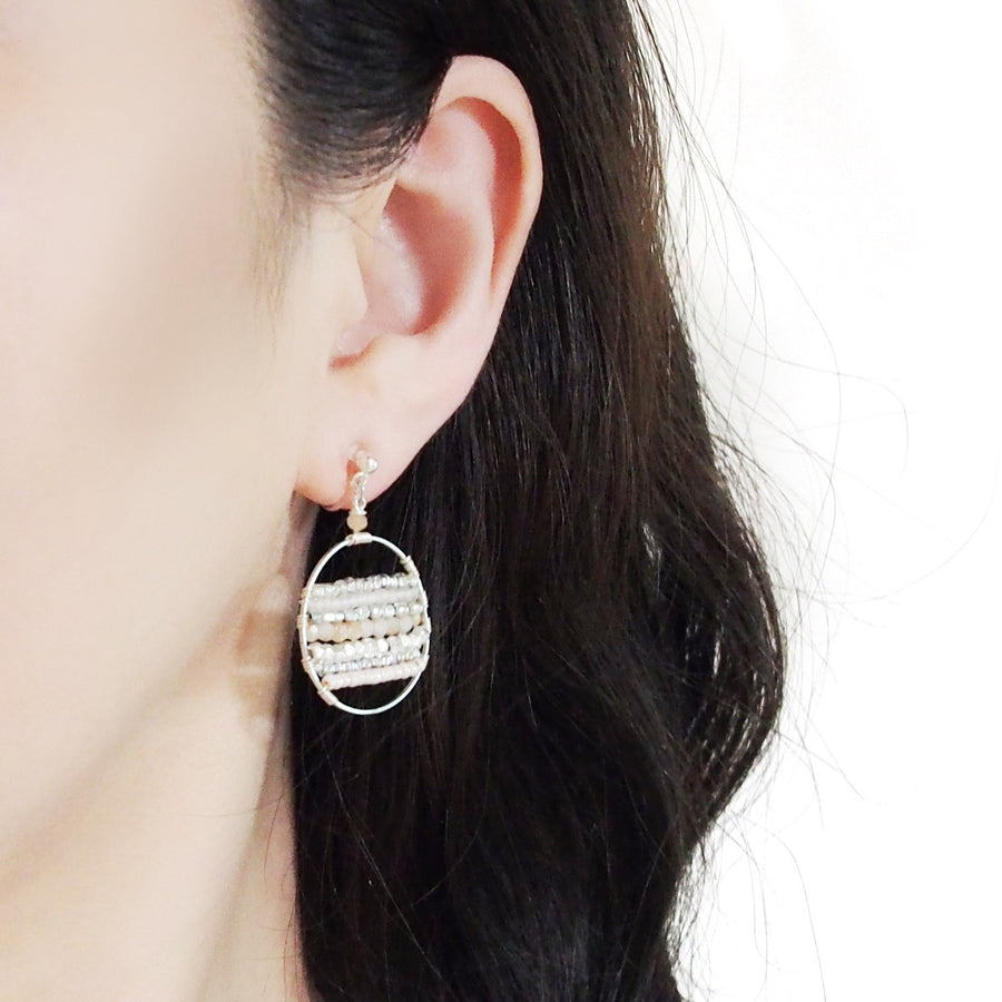Pink Beaded Hoop Invisible Clip On Earrings (Silver tone) - Miyabi Grace