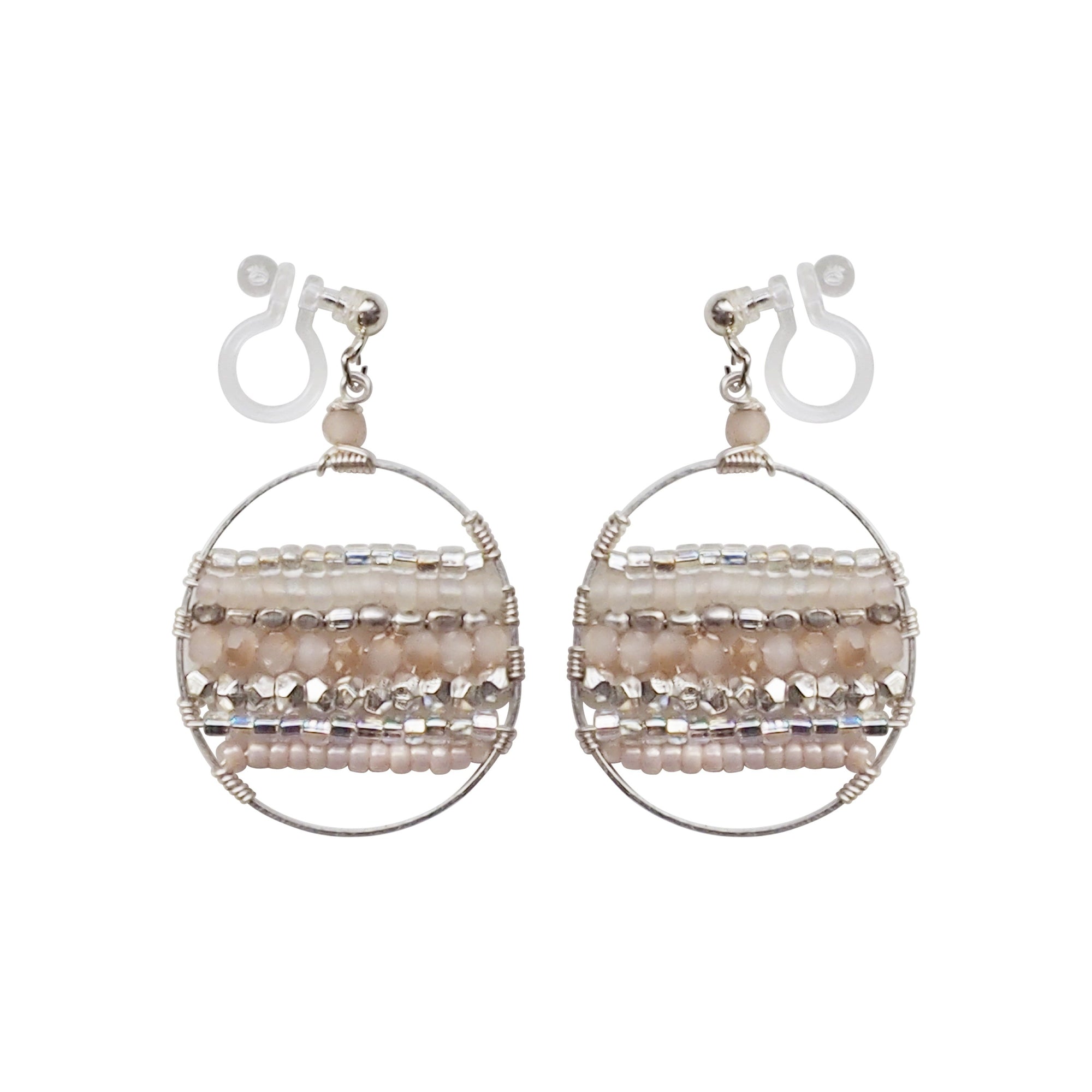 Pink Beaded Hoop Invisible Clip On Earrings (Silver tone) - Miyabi Grace