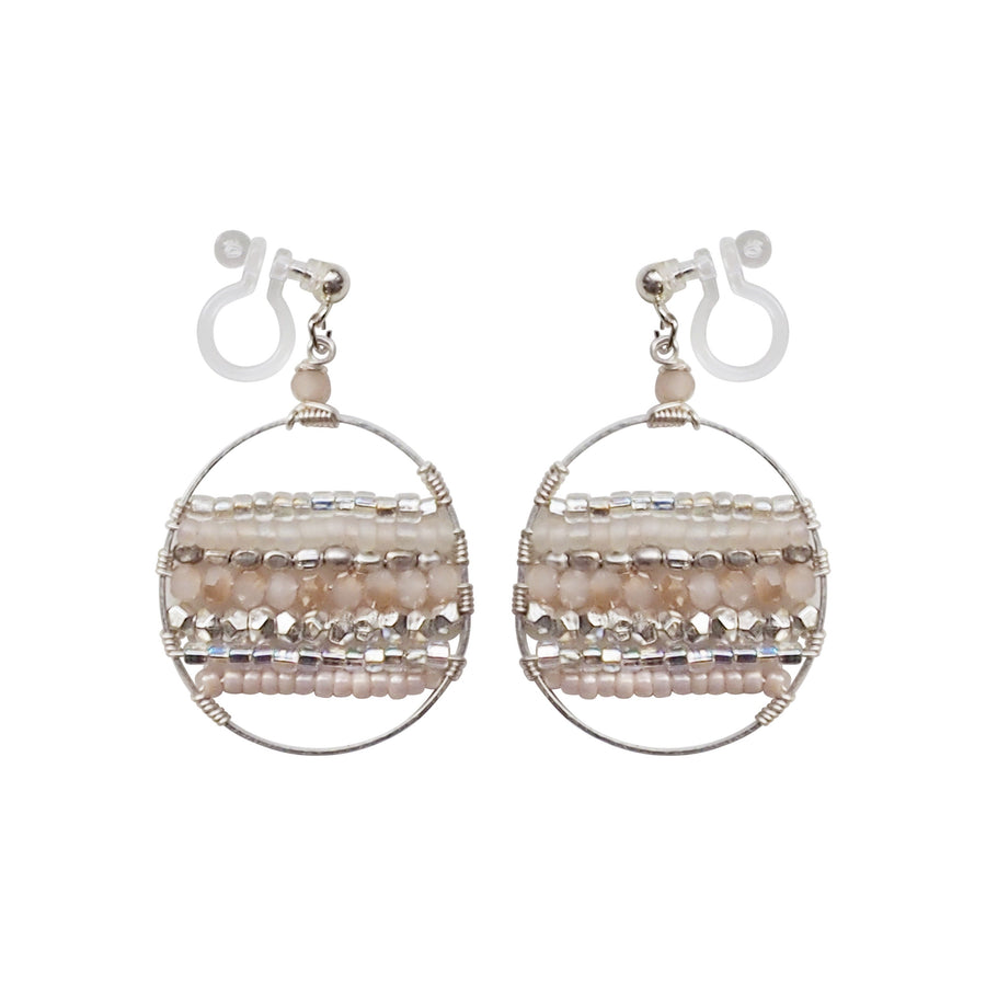 Pink Beaded Hoop Invisible Clip On Earrings (Silver tone) - Miyabi Grace